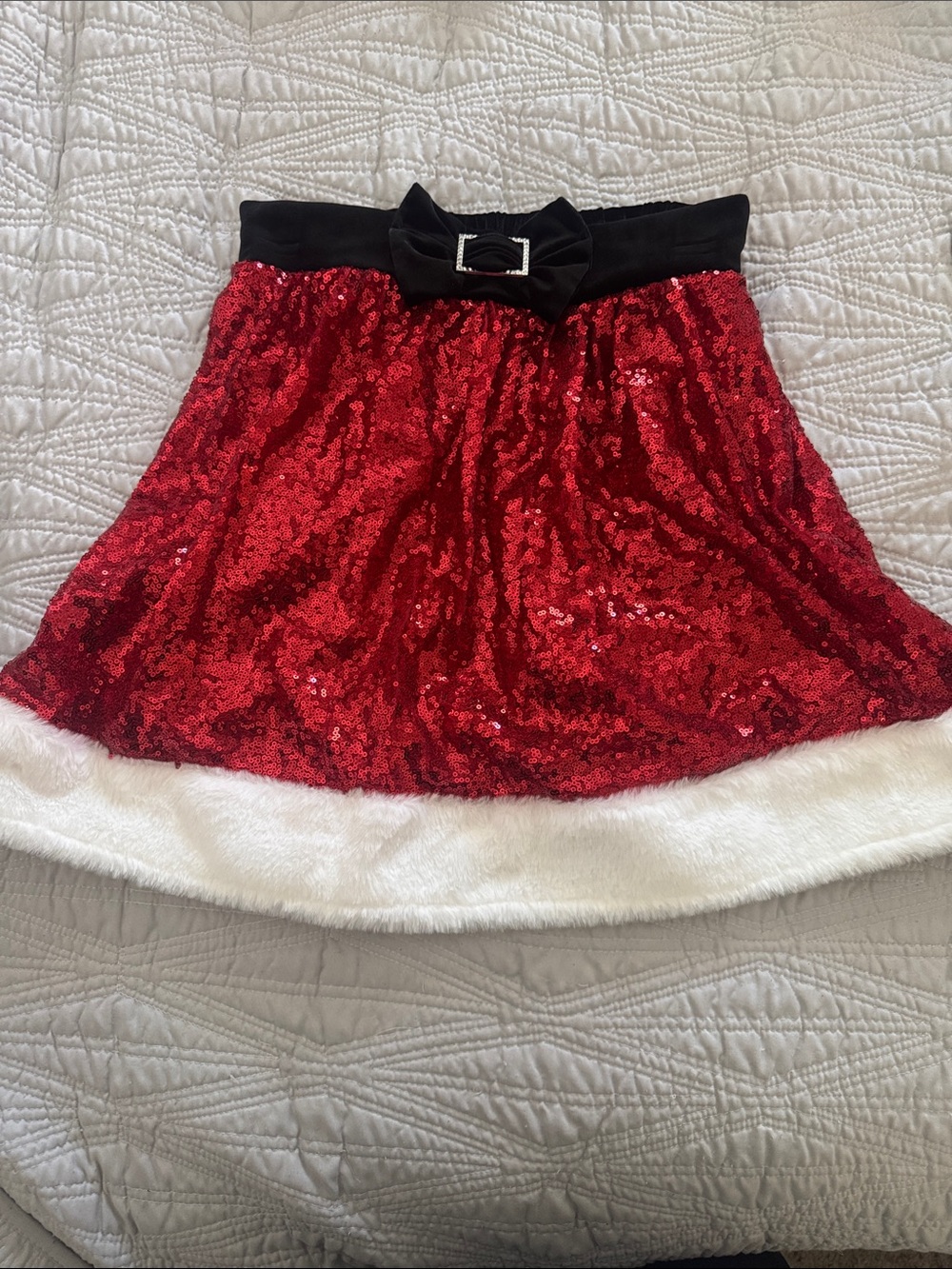Festive Red Sequin Holiday Skirt with Faux Fur Trim